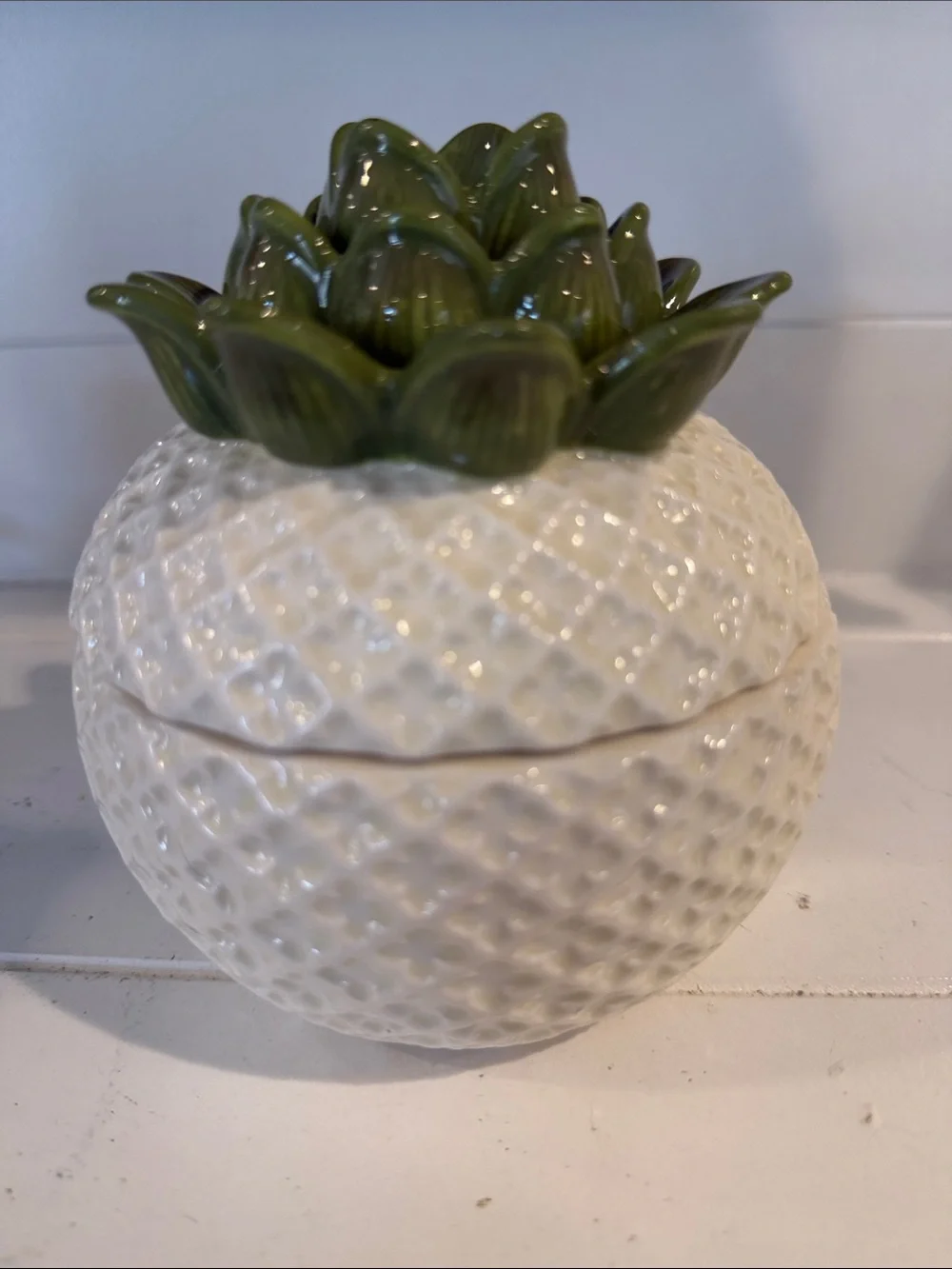 Green Top White Ceramic Pineapple Decorative Jar.